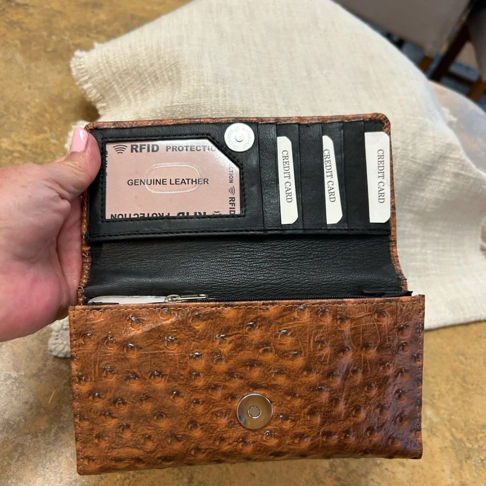 Brown Ostrich-Embossed Leather Wallet